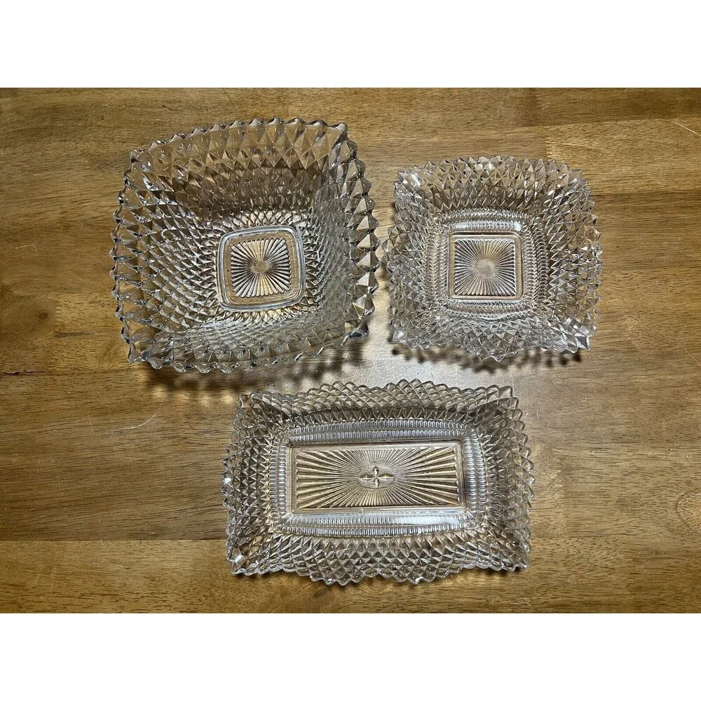Set of 3 INDIANA GLASS Bowls Square Ruffle Diamond Point Candy Nut Dish Clear